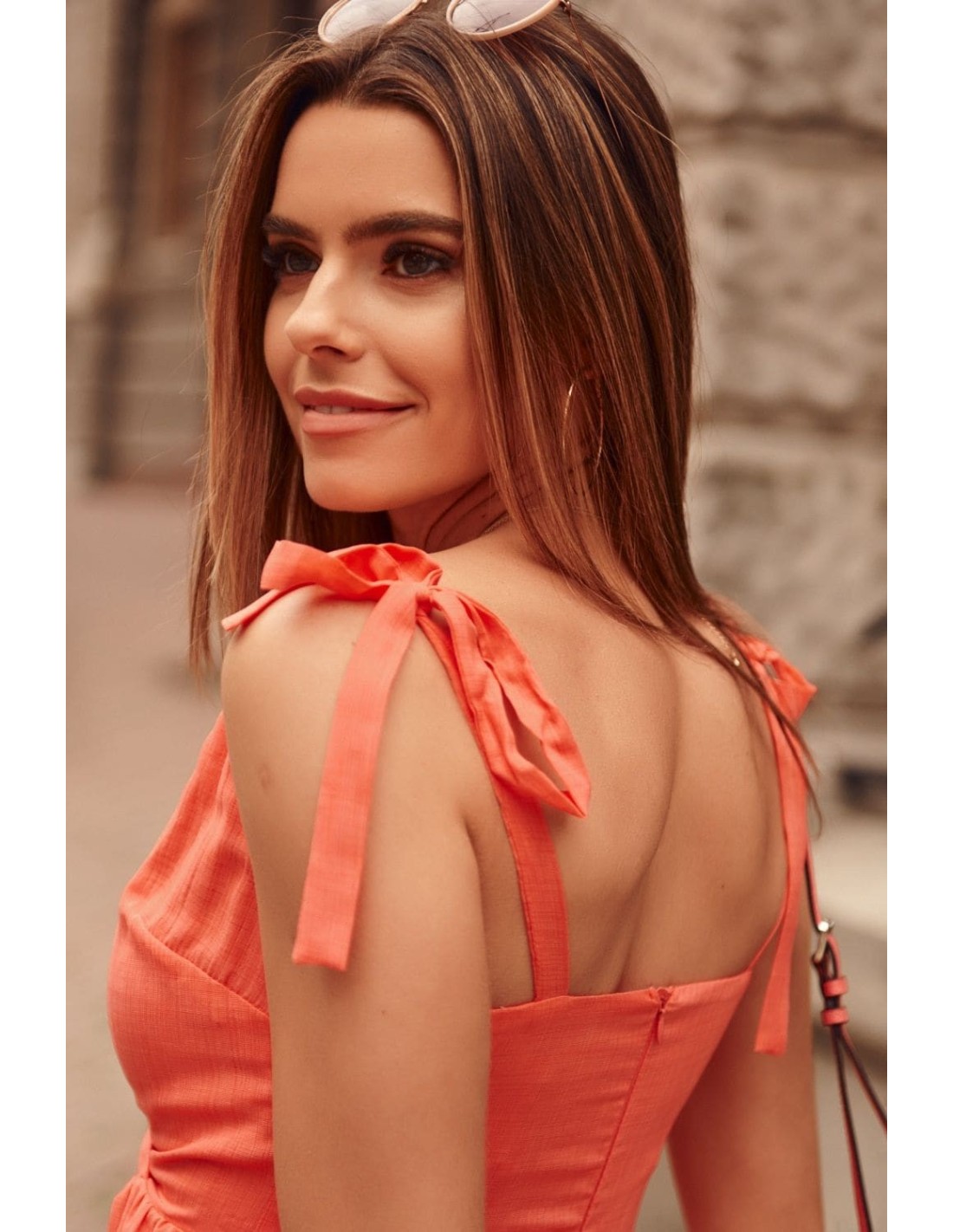 Lovely dress with an envelope neckline, coral, PR3196 - Online store - Boutique